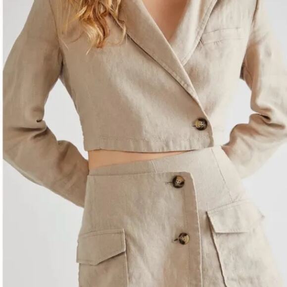 Free People 100% Linen Slice Of Action 3 Piece Skort Set Suit Cropped Tan 12 - Picture 2 of 16